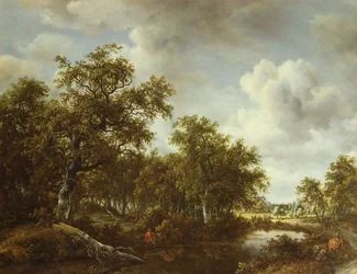 Bewaldete Landschaft mit einem Angler an einem Teich, 1664